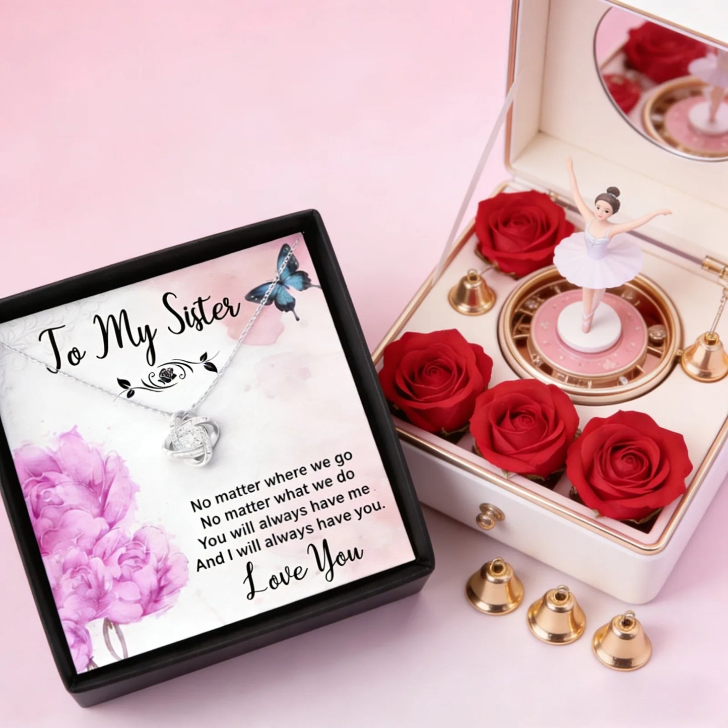 To My Sister Necklace, Interwoven Knot Pendant with Sister Message Card Label, Symbolic Gift, Suitable for Sisters