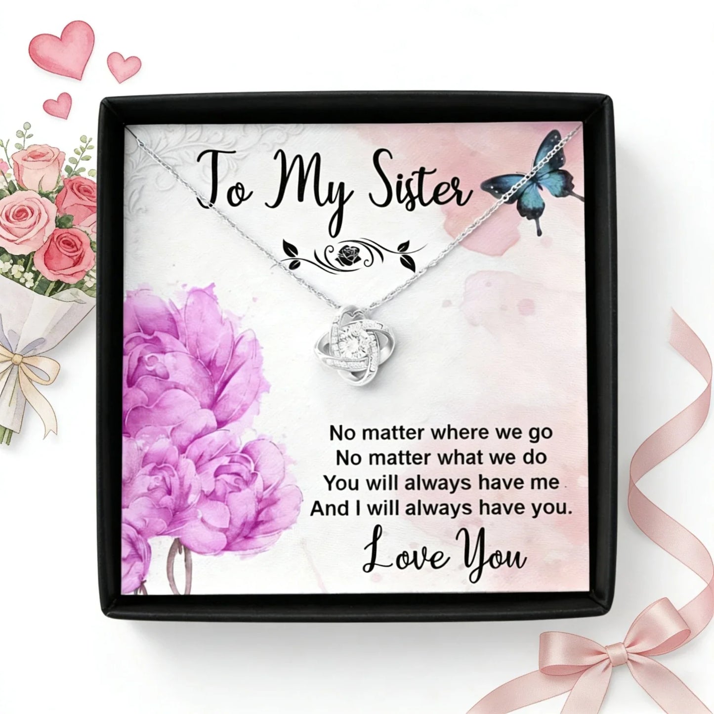 To My Sister Necklace, Interwoven Knot Pendant with Sister Message Card Label, Symbolic Gift, Suitable for Sisters
